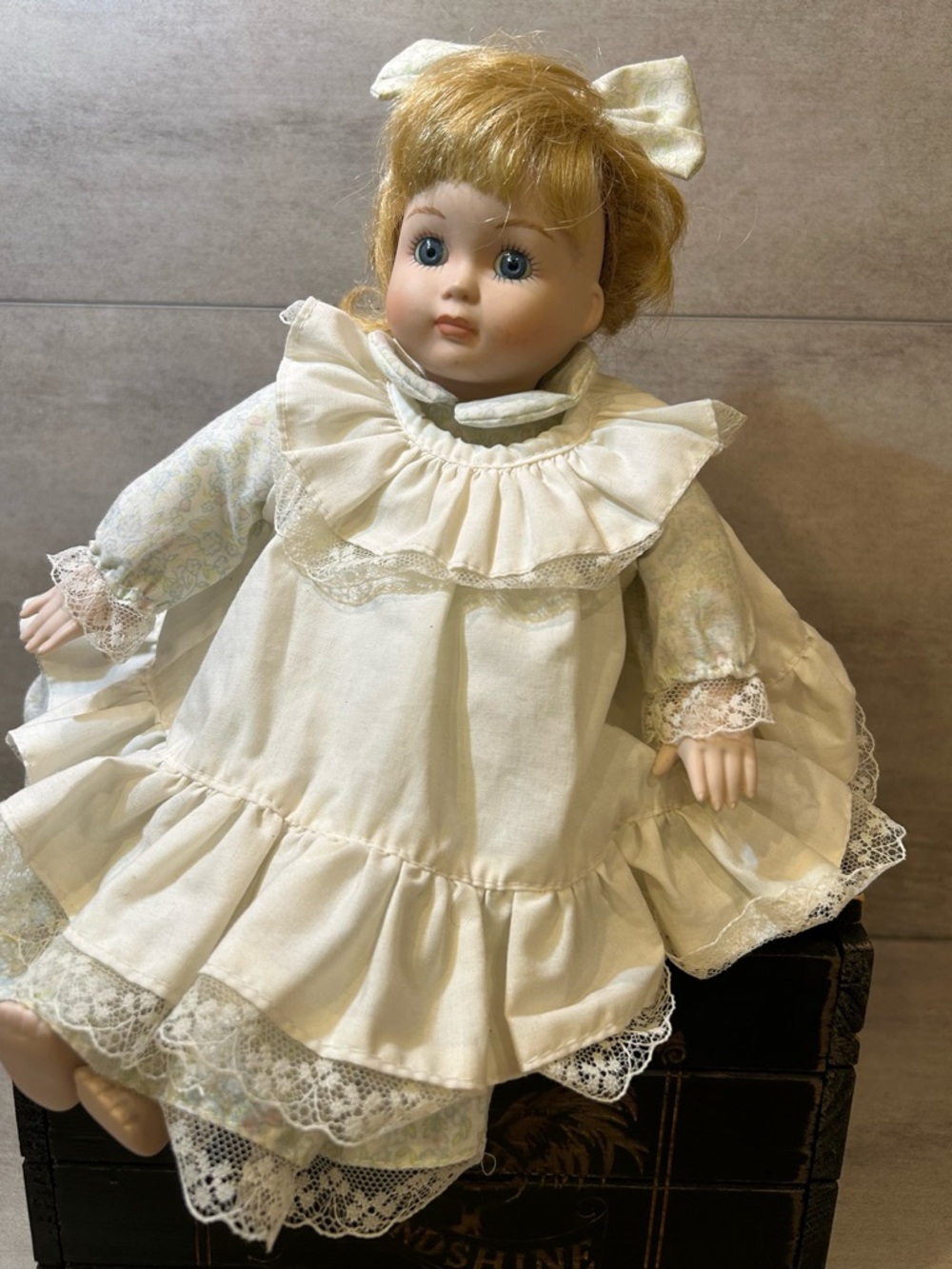 Classic Cream Ruffled Portrait Porcelain Musical Sitting Doll